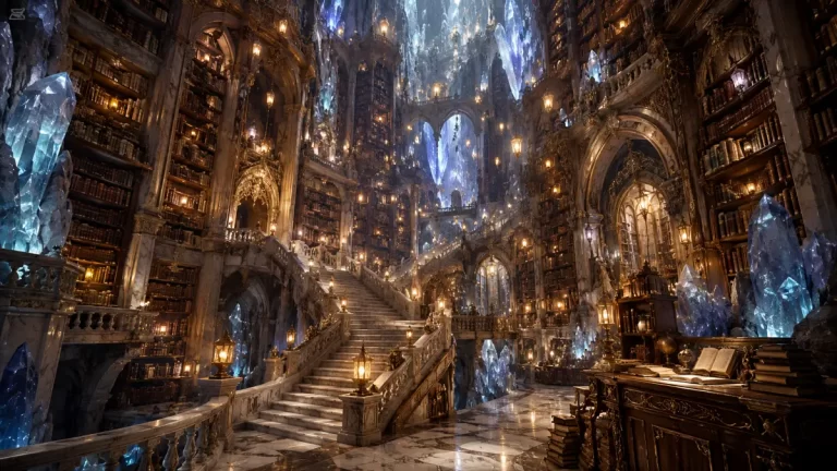 A magnificent fantasy library filled with towering bookshelves, glowing blue crystals, grand marble staircases, and magical architecture.