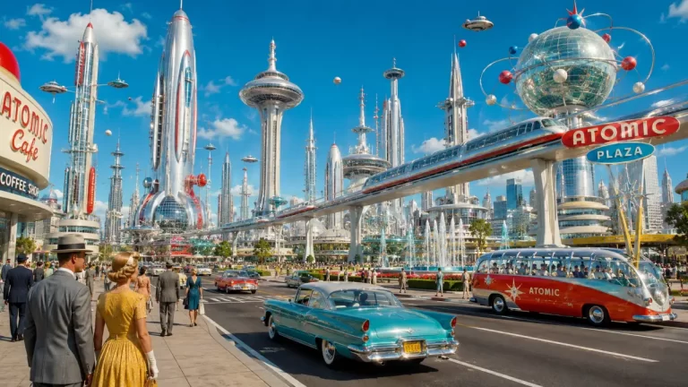 A vibrant atompunk city with retro-futuristic skyscrapers, monorails, chrome architecture, classic 1950s cars, and Atomic Age optimism.