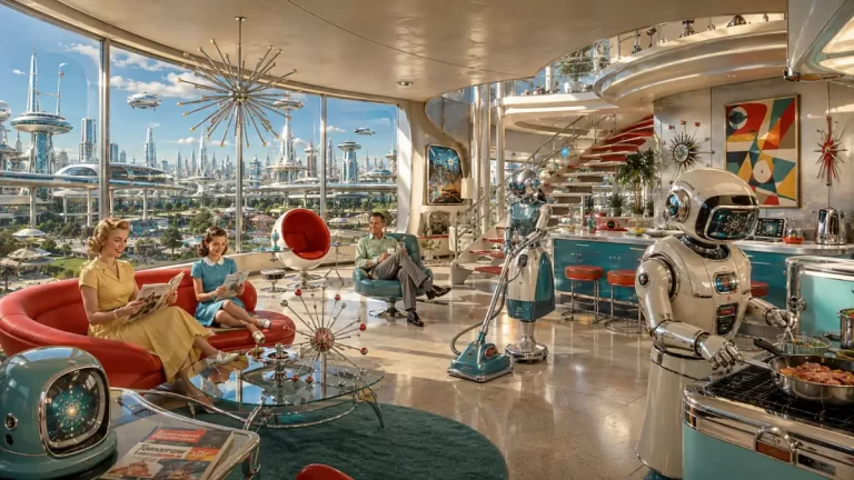 A retro-futuristic Atomic Age home with household robots, colorful mid-century furniture, chrome details, and a futuristic city beyond panoramic windows.