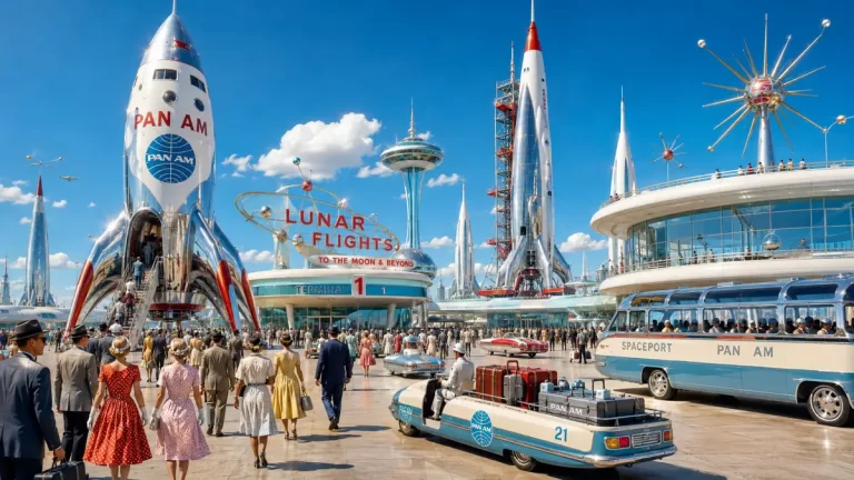 A vibrant atompunk spaceport with retro rockets, Atomic Age terminals, Pan Am lunar flights, and optimistic 1950s Space Age design.