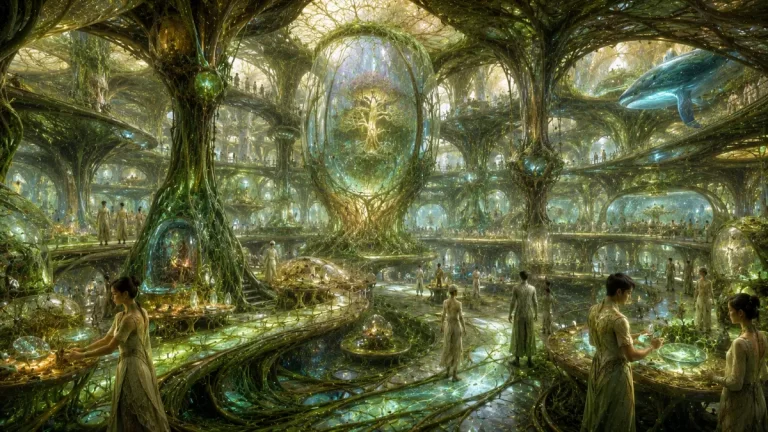 A colossal biopunk biofabrication facility with living architecture, incubation chambers, bioengineered lifeforms, and organic biotechnology.