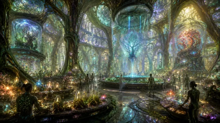 A colossal biopunk genetic sanctuary with living architecture, bioengineered organisms, luminous trees, and advanced organic biotechnology.