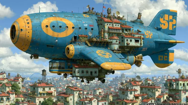 Blue steampunk airship flying above a dense city with yellow markings, mounted buildings, wings, antennas, and aircraft parts.