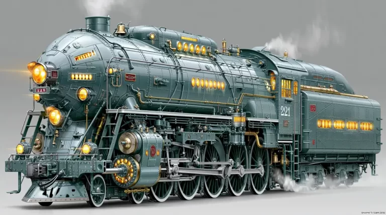 Blue steampunk locomotive with glowing lights, brass pipes, large wheels, and steam rising from a detailed mechanical train.