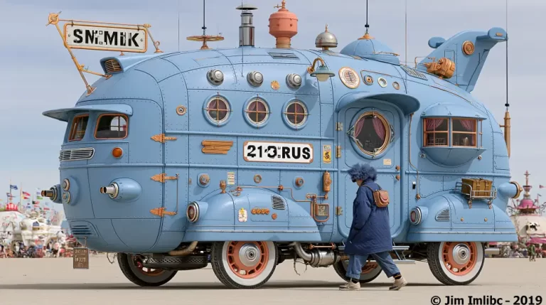 Blue steampunk mobile house vehicle with round windows, wheels, roof machinery, signs, and a person walking beside it.