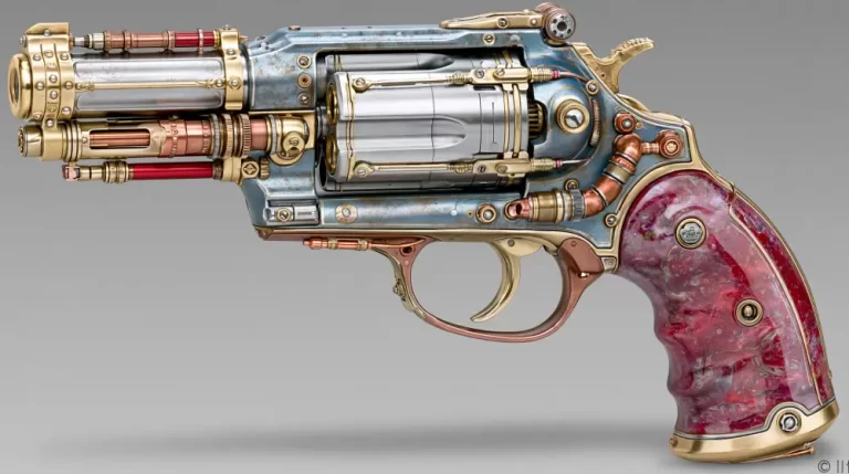 Blue steampunk revolver with brass and copper mechanical parts, silver barrel, red grip, exposed cylinder, and ornate fittings.