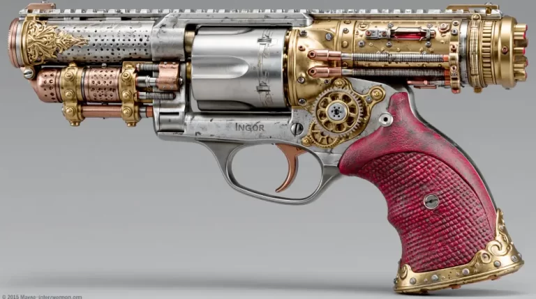 Brass steampunk pistol with exposed mechanical parts, silver barrel, red grip, gears, pipes, and ornate decorative metalwork.