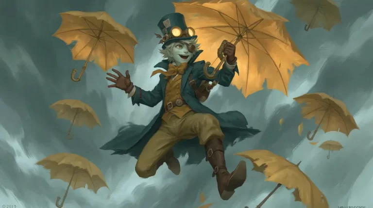 Cartoon steampunk character in a top hat floating among yellow umbrellas in a whimsical painted sky scene.