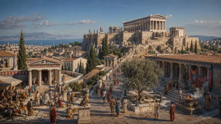 A panoramic view of Classical Athens with the Acropolis, the Parthenon, bustling streets, temples, and citizens during the Golden Age of Greece.