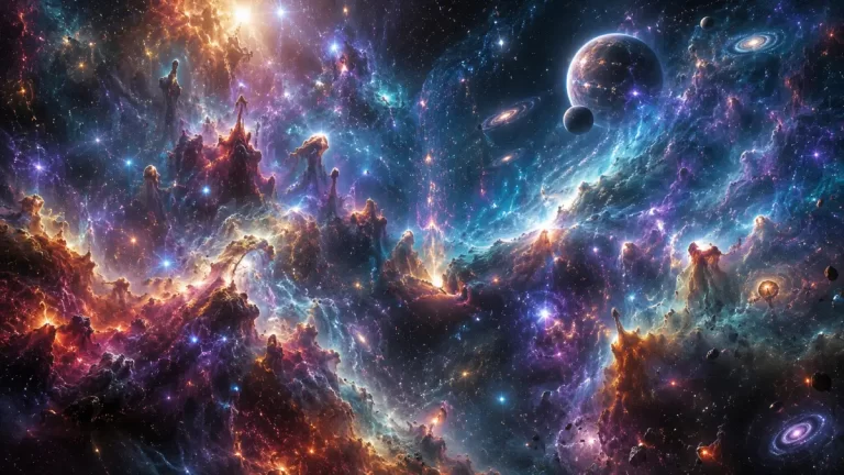 A breathtaking cosmic nebula filled with glowing gas clouds, distant planets, spiral galaxies, and brilliant stars stretching across deep space.
