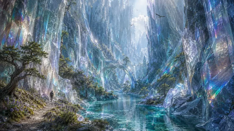 A breathtaking fantasy canyon with colossal crystal cliffs, a crystal-clear river, towering natural formations, and tiny explorers beneath immense geological wonders.