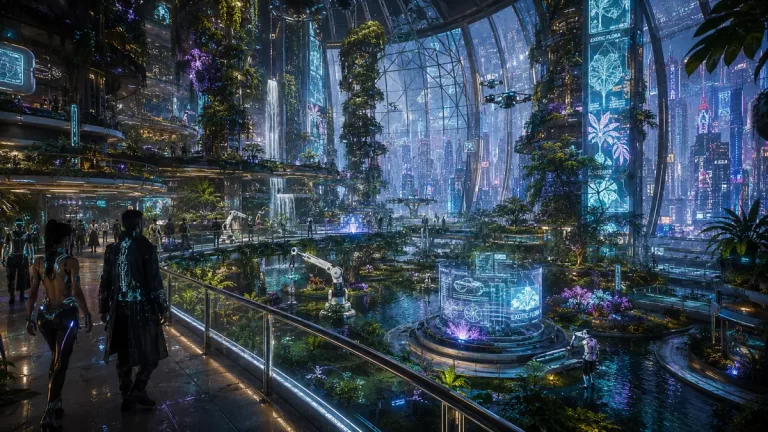 A futuristic cyberpunk botanical sanctuary inside a skyscraper featuring robotic gardeners, waterfalls, holographic displays, and advanced architecture.
