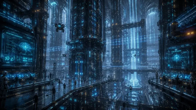 A colossal cyberpunk data cathedral with towering server structures, holographic interfaces, autonomous drones, and futuristic AI infrastructure.