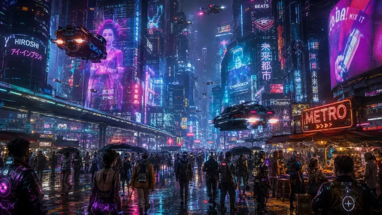 A vibrant cyberpunk megacity with neon skyscrapers, holographic billboards, flying vehicles, crowded streets, and glowing reflections after the rain.