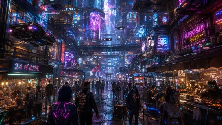 A bustling cyberpunk marketplace with layered streets, neon signs, holographic billboards, flying vehicles, and futuristic city life.