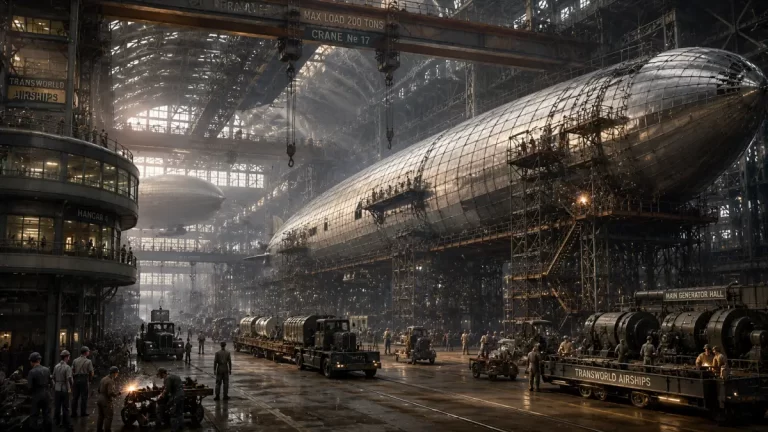 A colossal dieselpunk airship hangar where engineers assemble giant zeppelins using cranes, steel structures, and heavy industrial machinery.