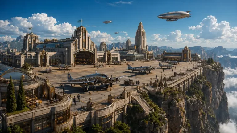 Grand dieselpunk aviation academy built on a dramatic cliff plateau with Art Deco buildings, vintage aircraft, and elegant airships.