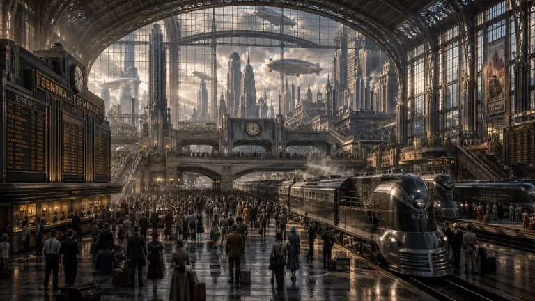 A monumental dieselpunk railway terminal with streamlined locomotives, Art Deco architecture, zeppelins, and a vast retro-futuristic city skyline.