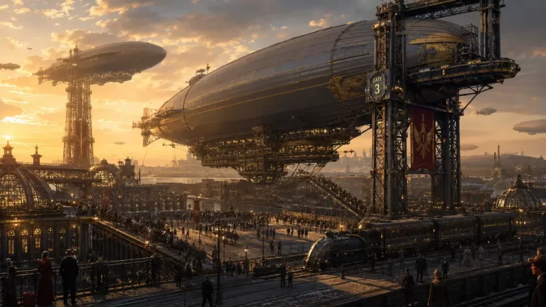 Colossal dieselpunk airships docking at towering steel terminals above a grand imperial transportation hub during sunset.
