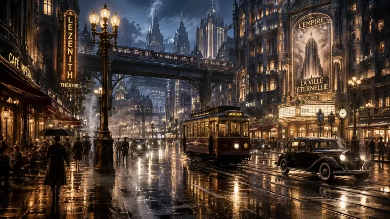 Rain-soaked dieselpunk city street with vintage automobiles, tram, illuminated theaters, cafés, and monumental architecture.