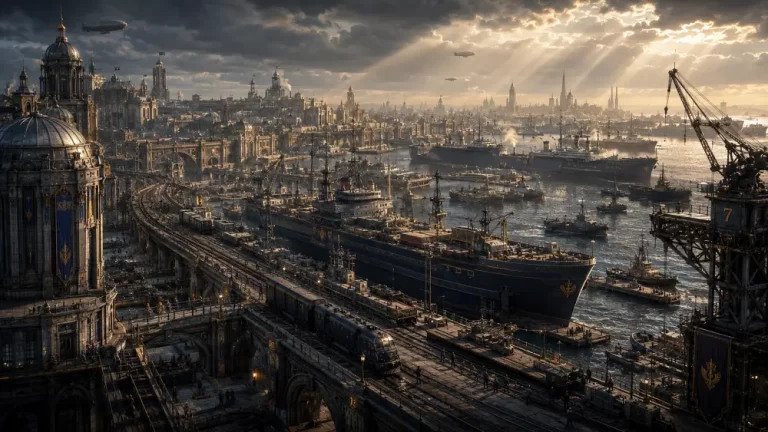 Busy dieselpunk harbor with cargo ships, railway lines, cranes, and monumental waterfront architecture beneath dramatic skies.