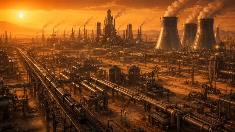Massive dieselpunk industrial complex with cooling towers, pipelines, refineries, and railway lines across a desert landscape.