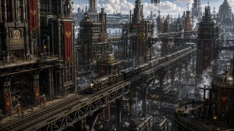 Expansive dieselpunk industrial city with factories, elevated railways, steam infrastructure, and monumental manufacturing facilities.