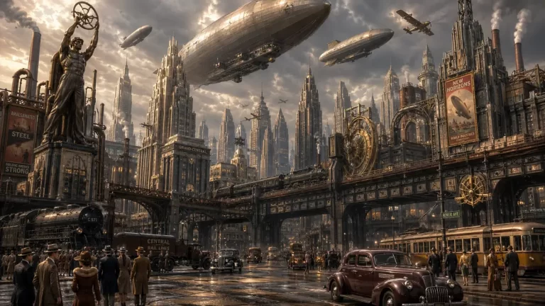 A monumental dieselpunk metropolis with Art Deco skyscrapers, zeppelins, elevated railways, heavy industry, and a powerful 1930s retro-futuristic atmosphere.