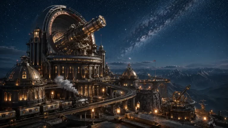 Monumental dieselpunk astronomical observatory with a giant rotating telescope overlooking mountain ranges beneath a brilliant star-filled night sky.