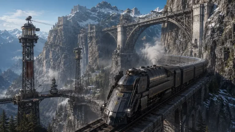 Streamlined dieselpunk steam locomotive crossing massive stone railway bridges through snowy mountains with fortress settlements and industrial towers.