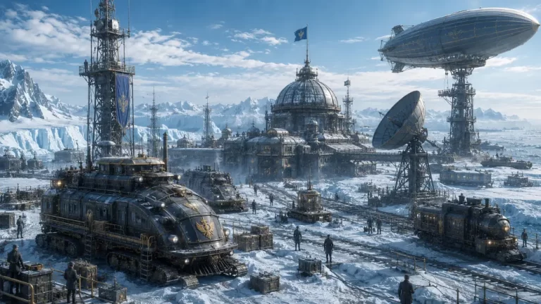 Dieselpunk polar research station featuring armored locomotives, observatories, airships, and snow-covered scientific facilities.