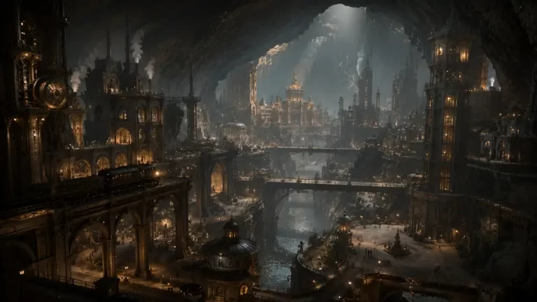 Immense dieselpunk underground metropolis built around a river inside a gigantic illuminated cavern with bridges and industrial architecture.