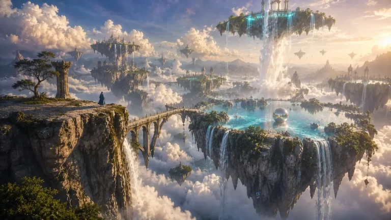 A breathtaking fantasy realm with floating islands, crystal-clear waterfalls, ancient bridges, and majestic temples suspended above the clouds.