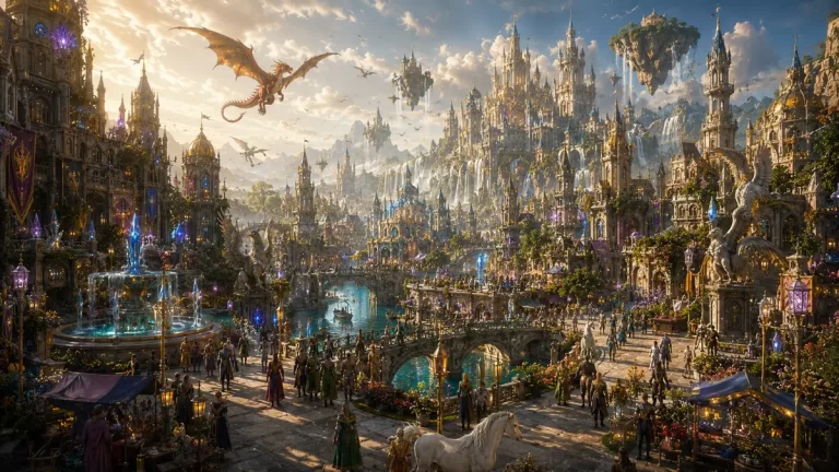 Fantasy World Enchanted Capital with magical castles, crystal fountains, dragons, floating islands, enchanted bridges and unicorns.