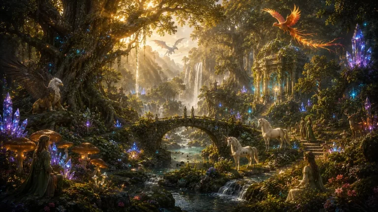 Fantasy World Enchanted Forest with ancient trees, glowing crystals, unicorns, griffins, waterfalls and magical woodland temples.