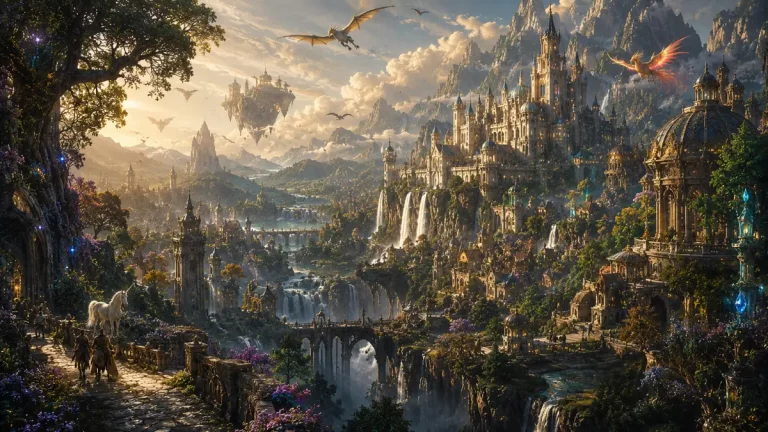 Fantasy World Grand Kingdom featuring majestic castles, floating islands, dragons, waterfalls, enchanted forests and magical creatures.