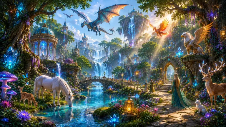 Fantasy World Magical Sanctuary with unicorns, dragons, floating islands, glowing crystals, waterfalls and enchanted temples.