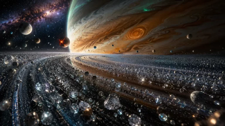 A breathtaking view from within the rings of a giant planet, surrounded by icy particles, orbiting moons, and the vastness of deep space.