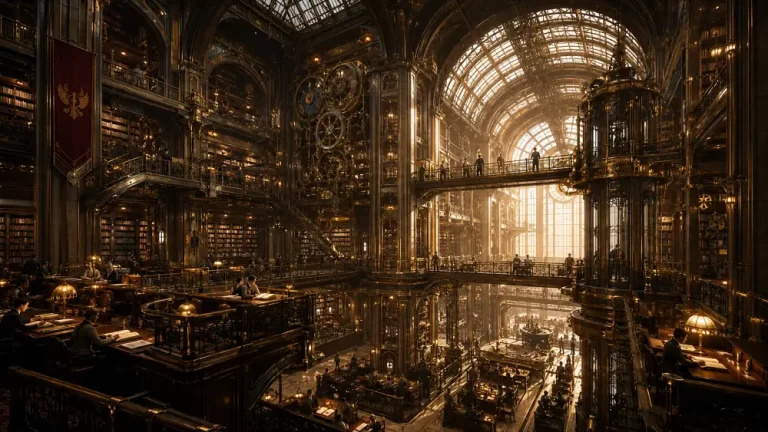 Monumental dieselpunk library featuring towering bookshelves, mechanical elevators, brass details, and expansive reading halls.