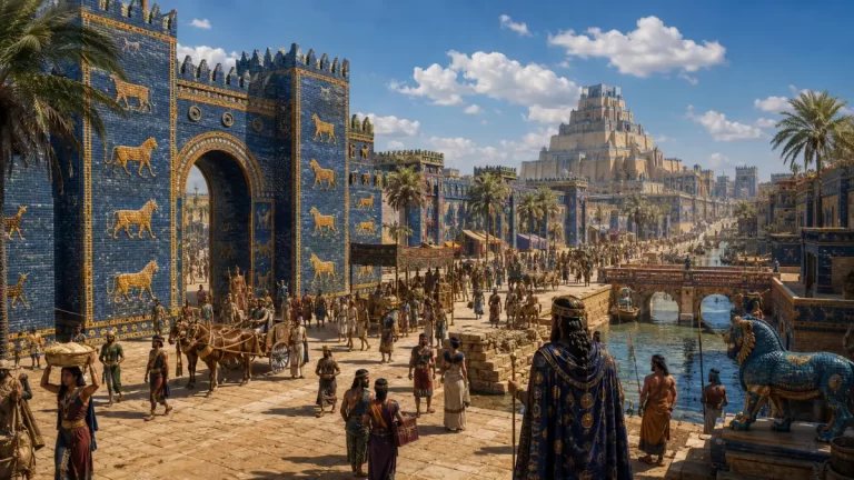 A vibrant street-level view of ancient Babylon featuring the Ishtar Gate, the Processional Way, the Etemenanki ziggurat, canals, bridges, and bustling daily life.