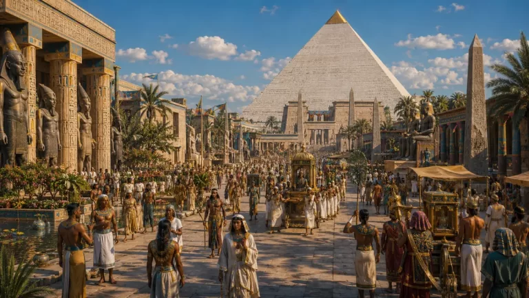 A street-level view of ancient Egypt with richly dressed citizens, monumental temples, the Great Pyramid, and vibrant daily life during the Old Kingdom.