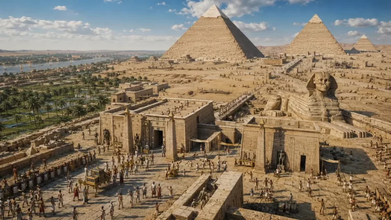 A panoramic view of the Giza Plateau with the Great Pyramids, the Great Sphinx, temples, and daily life during Ancient Egypt's Old Kingdom.