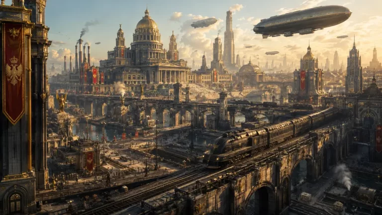 Panoramic view of an imperial dieselpunk city featuring monumental government buildings, elevated railways, armored trains, canals, and massive airships overhead.