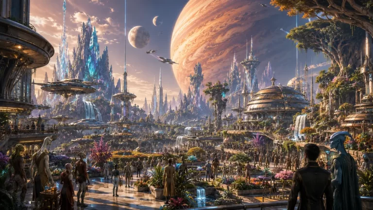 A thriving interstellar colony where humans and alien species share a futuristic city beneath a giant orange gas giant.