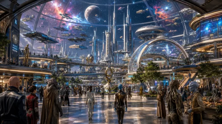 A vast interstellar city where humans and alien civilizations gather beneath a transparent dome filled with starships and distant planets.
