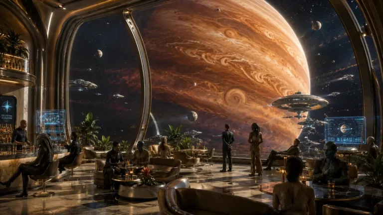 A luxurious interstellar lounge overlooking a massive orange gas giant through a panoramic observation window.