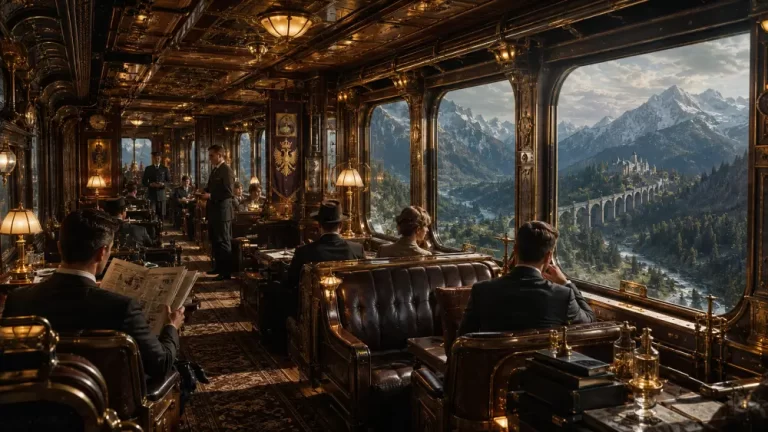 Elegant dieselpunk train interior with leather seating, brass details, and panoramic mountain views through large windows.