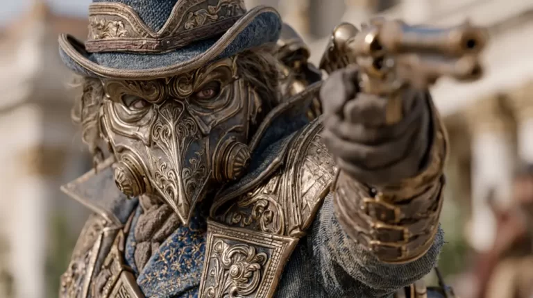 Masked steampunk gunslinger wearing ornate armor and a hat while aiming a pistol toward the viewer in a shallow-focus scene.