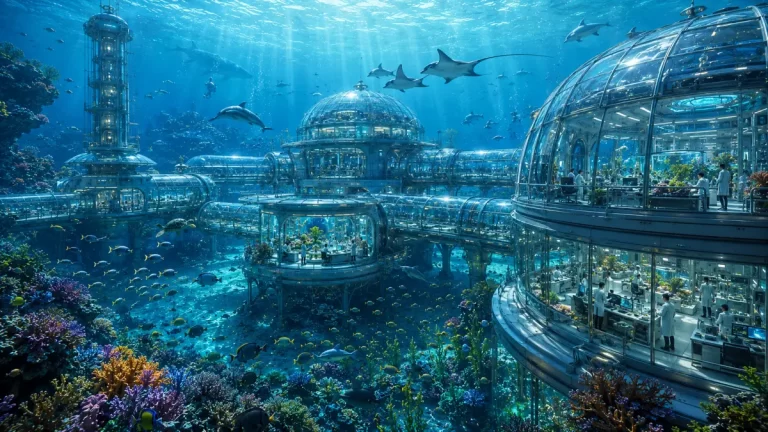 Ocean World Marine Research Center with glass laboratories, transparent tunnels, coral reefs, marine scientists and vibrant sea life.