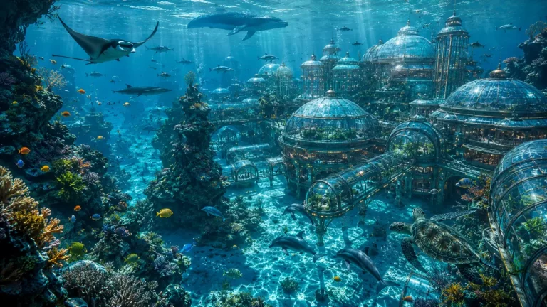 Ocean World Underwater Metropolis featuring glass domes, transparent tunnels, coral reefs, dolphins, sea turtles and marine life beneath crystal-clear water.